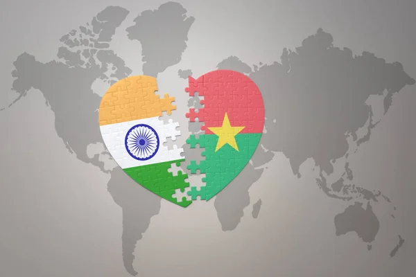 Puzzle Heart National Flag India Burkina Faso World Map Background — Foto Stock