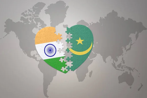 Puzzle Heart National Flag India Mauritania World Map Background Concept — Foto Stock