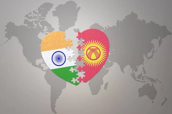 Puzzle Heart National Flag India Kyrgyzstan World Map Background Concept — Foto Stock