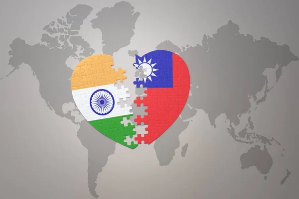 puzzle heart with the national flag of india and taiwan on a world map background.Concept. 3D illustration