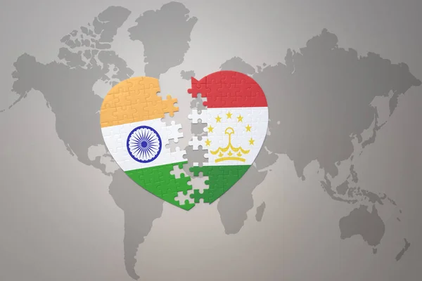 Puzzle Heart National Flag India Tajikistan World Map Background Concept — Foto Stock