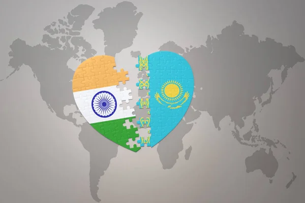 Puzzle Heart National Flag India Kazakhstan World Map Background Concept — Foto Stock