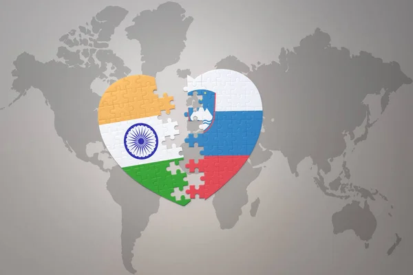 Puzzle Heart National Flag India Slovenia World Map Background Concept — Photo