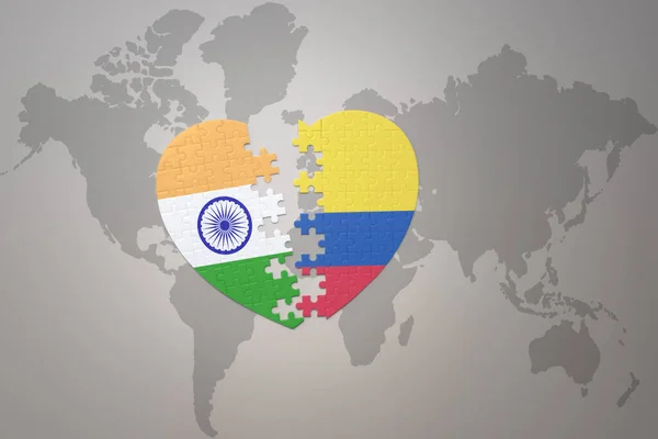 Coração Quebra Cabeça Com Bandeira Nacional Índia Colômbia Fundo Mapa — Fotografia de Stock