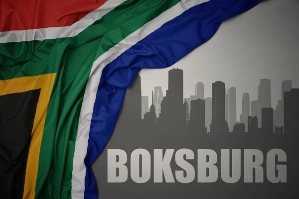 Abstract Silhouette City Text Boksburg Waving Colorful National Flag South — Stockfoto