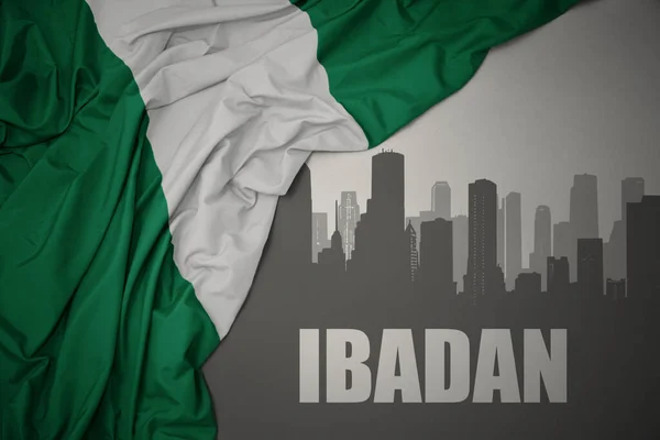 Abstract Silhouette City Text Ibadan Waving Colorful National Flag Nigeria — Stock Photo, Image