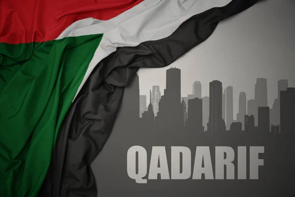 Abstract Silhouette City Text Qadarif Waving Colorful National Flag Sudan — Φωτογραφία Αρχείου