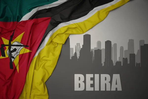 Abstract Silhouette City Text Beira Waving Colorful National Flag Mozambique —  Fotos de Stock