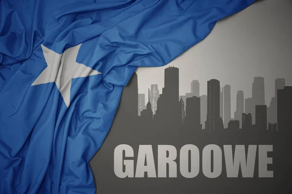 Abstract Silhouette City Text Garoowe Waving Colorful National Flag Somalia — Stock Photo, Image