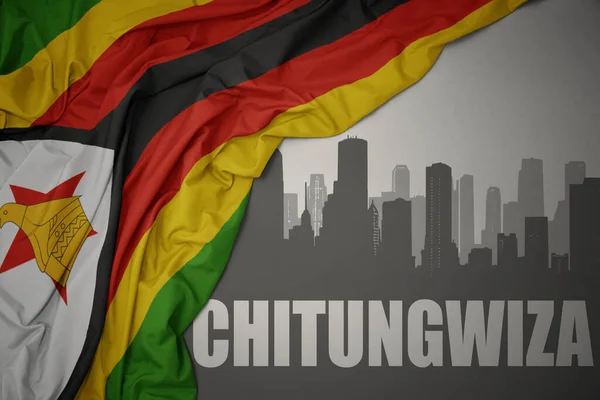 Abstract Silhouette City Text Chitungwiza Waving Colorful National Flag Zimbabwe - Stock-foto
