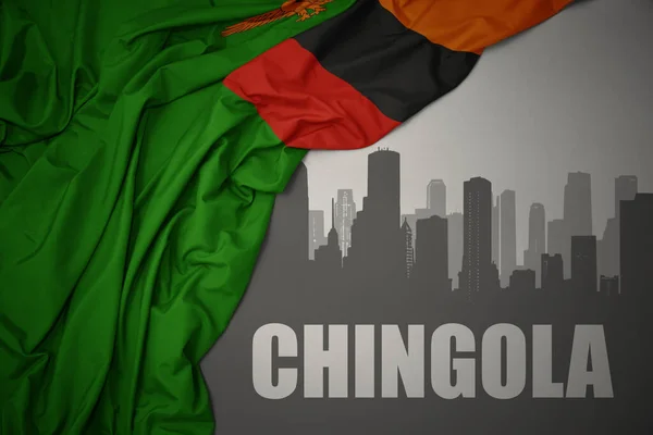 Abstract Silhouette City Text Chingola Waving Colorful National Flag Zambia — 图库照片