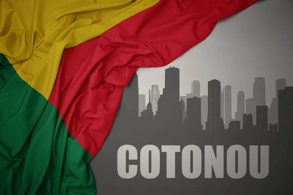 Abstract Silhouette City Text Cotonou Waving Colorful National Flag Benin — 图库照片