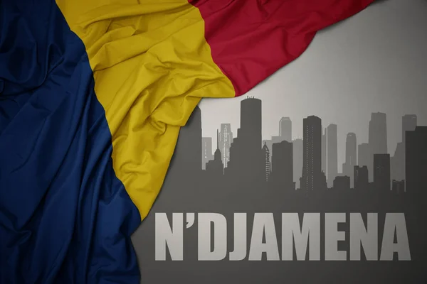 Abstract Silhouette City Text Djamena Waving Colorful National Flag Chad — ストック写真