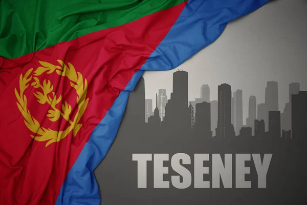 Abstract Silhouette City Text Teseney Waving Colorful National Flag Eritrea — Stockfoto