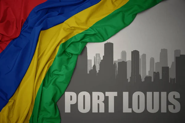 Abstract Silhouette City Text Port Louis Waving Colorful National Flag — Photo
