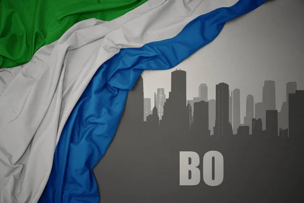 Abstract Silhouette City Text Waving Colorful National Flag Sierra Leone — Photo