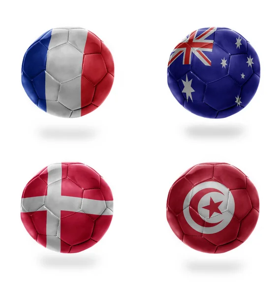 Group Realistic Football Balls National Flags France Australia Denmark Tunisia — Φωτογραφία Αρχείου