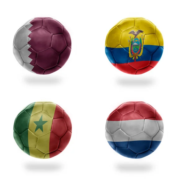 Groep Realistische Voetbal Ballen Met Nationale Vlaggen Van Qatar Ecuador — Stockfoto