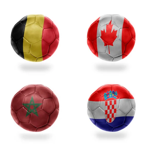 Skupina Realistické Fotbalové Míče Národními Vlajkami Belgie Kanady Morocco Chorvatska — Stock fotografie