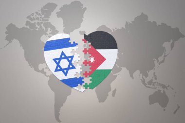 puzzle heart with the national flag of jordan and israel on a world map background.Concept. 3D illustration