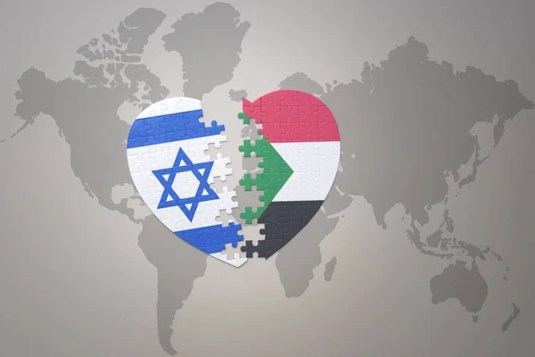 Серце Головоломка Національним Прапором Судану Ізраїлю Фоні Карти Світу Концепція — стокове фото