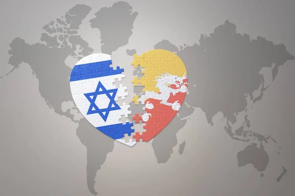 Серце Головоломка Національним Прапором Бутану Ізраїлю Фоні Карти Світу Концепція — стокове фото