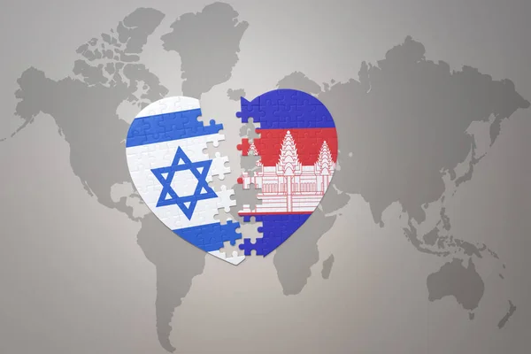 Серце Головоломка Національним Прапором Камбоджі Ізраїлю Фоні Карти Світу Концепція — стокове фото