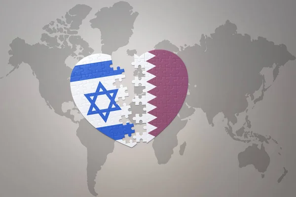 Серце Головоломка Національним Прапором Катару Ізраїлю Фоні Карти Світу Концепція — стокове фото