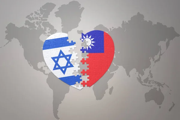 Серце Головоломка Національним Прапором Тайваню Ізраїлю Фоні Карти Світу Концепція — стокове фото