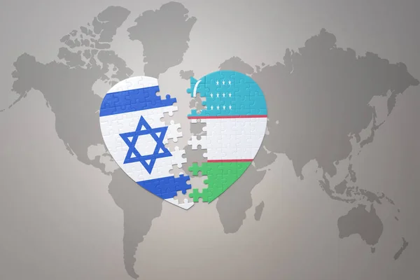 puzzle heart with the national flag of uzbekistan and israel on a world map background.Concept. 3D illustration