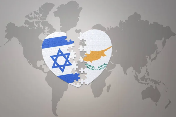 puzzle heart with the national flag of cyprus and israel on a world map background.Concept. 3D illustration