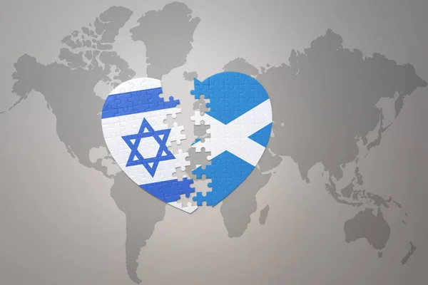 puzzle heart with the national flag of scotland and israel on a world map background.Concept. 3D illustration