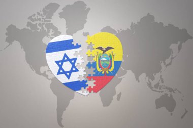 Ekvador ve İsrail 'in ulusal bayrağıyla bir dünya haritasında bulmaca kalbi. 3B illüstrasyon