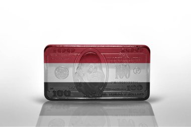 Ulusal Yemen bayrağı dolar üzerinde para banknotu beyaz arka planda 3D illüstrasyon