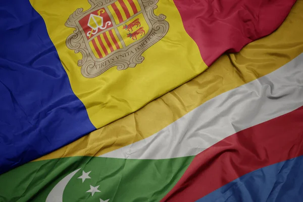Размахивая Красочным Флагом Комор Национальным Флагом Андорры Macro Иллюстрация — стоковое фото
