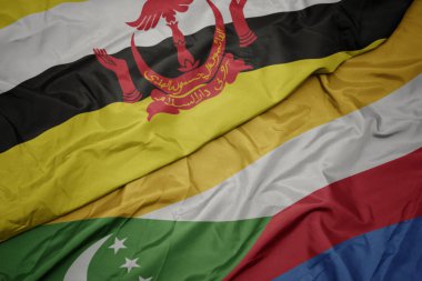 waving colorful flag of comoros and national flag of brunei. macro.3d illustration