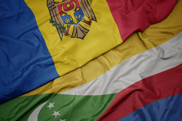 Waving Colorful Flag Comoros National Flag Moldova Macro Illustration — Stockfoto