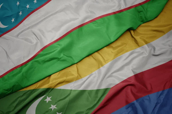 Waving Colorful Flag Comoros National Flag Uzbekistan Macro Illustration — ストック写真