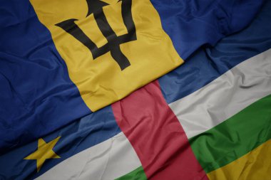 waving colorful flag of central african republic and national flag of barbados. macro.3d illustration