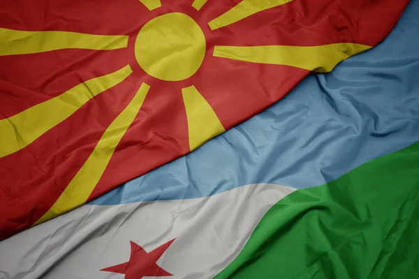 Waving Colorful Flag Djibouti National Flag Macedonia Macro Illustration — Stockfoto