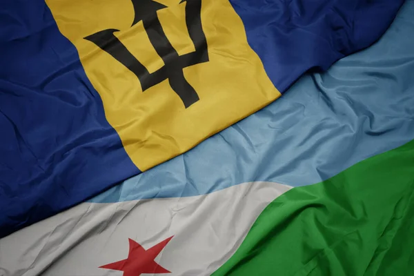 waving colorful flag of djibouti and national flag of barbados. macro.3d illustration