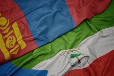 waving colorful flag of equatorial guinea and national flag of mongolia. macro.3d illustration