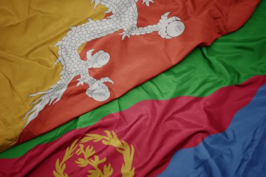 waving colorful flag of eritrea and national flag of bhutan. macro.3d illustration