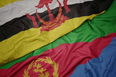 waving colorful flag of eritrea and national flag of brunei. macro.3d illustration