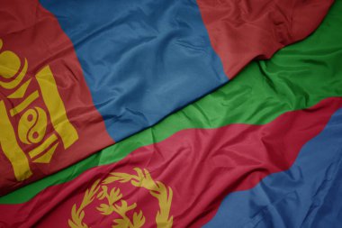 waving colorful flag of eritrea and national flag of mongolia. macro.3d illustration