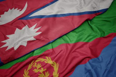 waving colorful flag of eritrea and national flag of nepal. macro.3d illustration