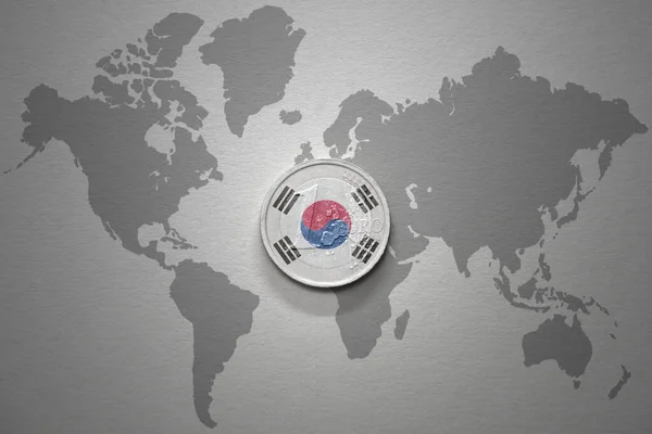 Moeda Euro Com Bandeira Nacional Coréia Sul Fundo Mapa Mundo — Fotografia de Stock