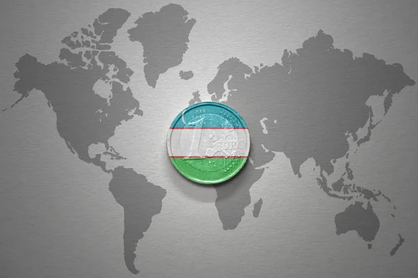 Euro Coin National Flag Uzbekistan Gray World Map Background Illustration — Stock Photo, Image
