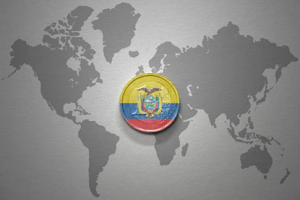 euro coin with national flag of ecuador on the gray world map background.3d illustration. finance concept