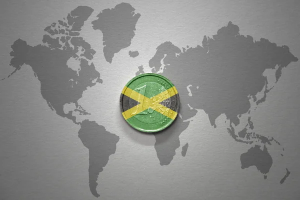 Moeda Euro Com Bandeira Nacional Jamaica Fundo Cinza Mapa Mundo — Fotografia de Stock